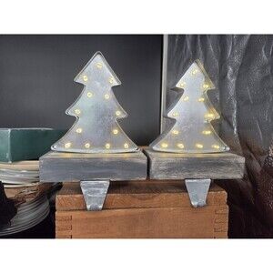 Set Of 2 LED Lighted Rustic Farmhouse Christmas Tree Shaped Stocking Holders